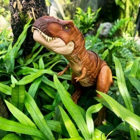 A close up of a toy dinosaur placed in a greenhouse filled with ferns. 