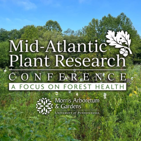A photograph of a green space with the text, "Mid-Atlantic Plant Research Conference."