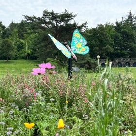 A large, colorful butterfly sculpture in a wildflower meadow in bloom.