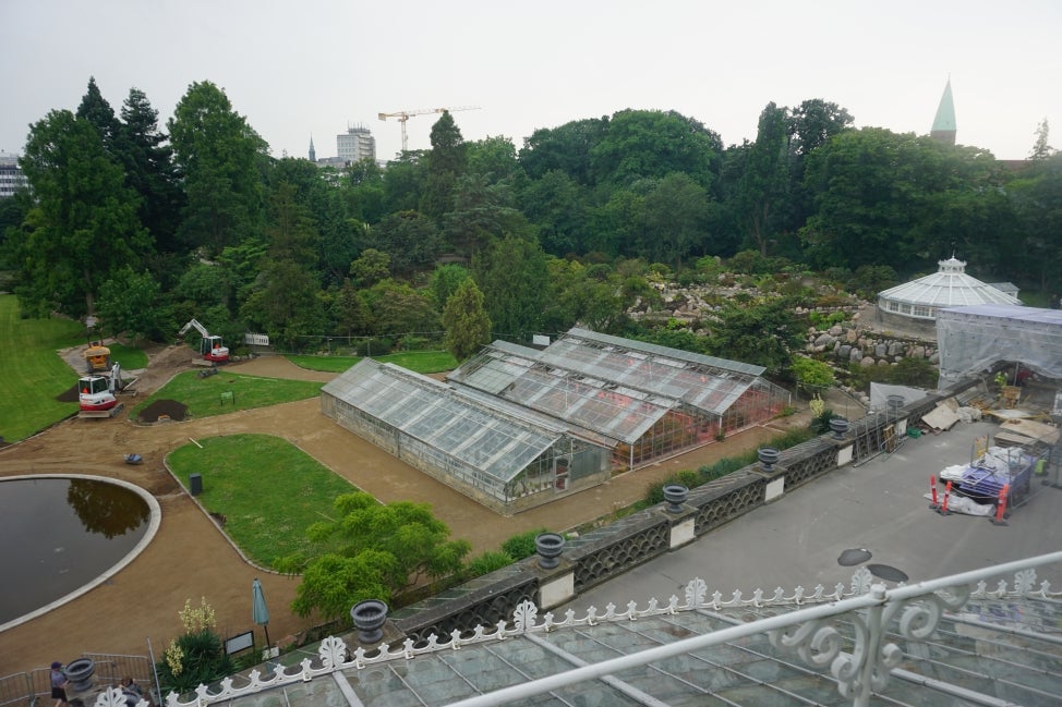 An aerial view of three glass greenhouses in a row with construction going on around them. 