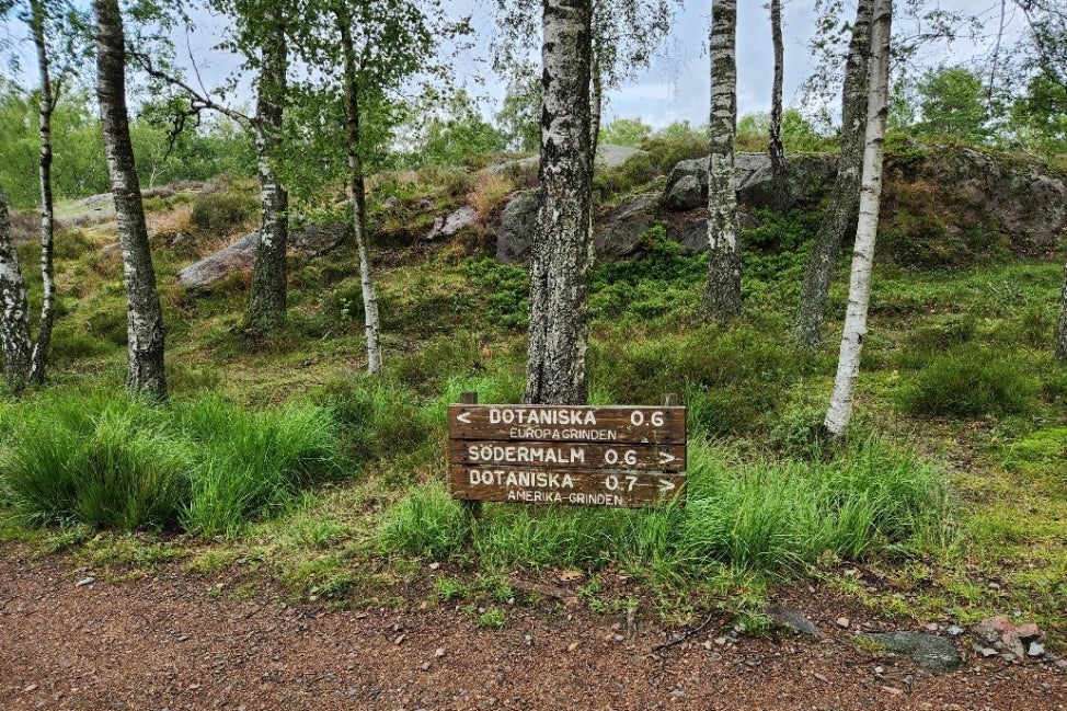 A wooden area with signs written in Swedish. 