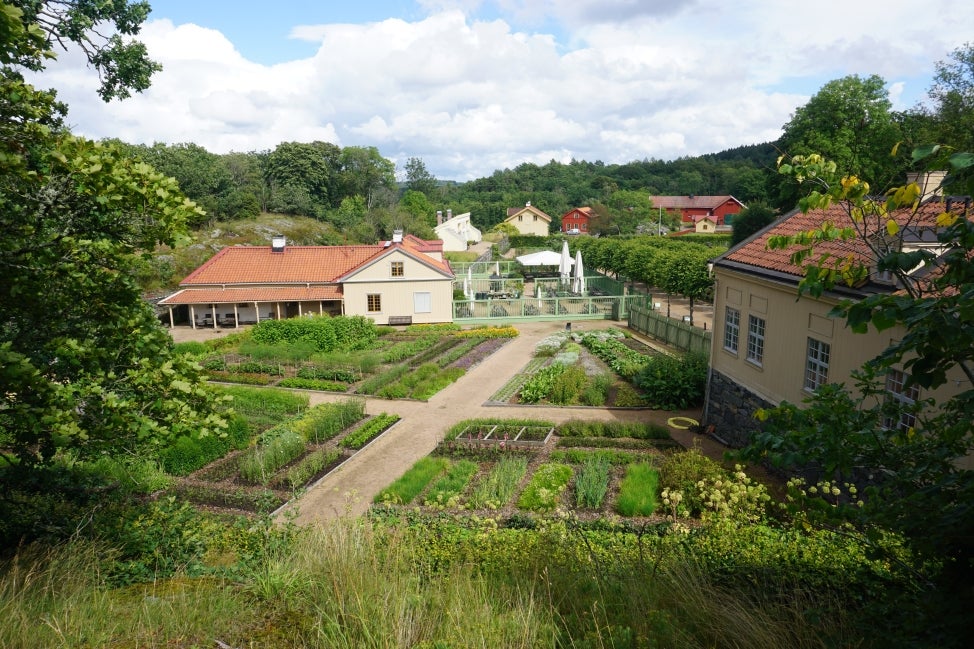 An aerial view of buildings and a large vegetable garden.