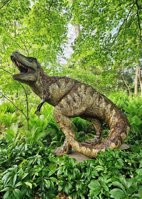A large, fabricated Tyrannosaurus rex made of natural materials in a green setting.