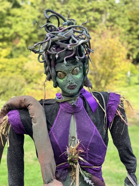 A scarecrow designed to look like Medusa, with snakes as hair, a green face, and a black and purple outfit. 