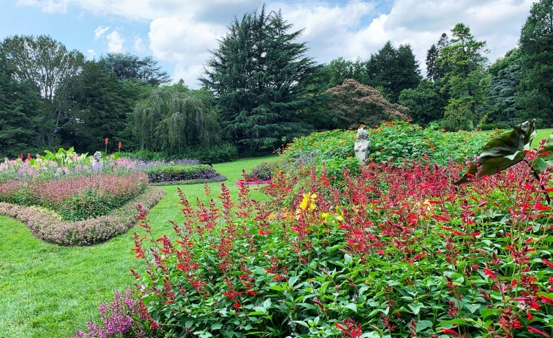 Paisley-shaped garden beds filled with color flowers.
