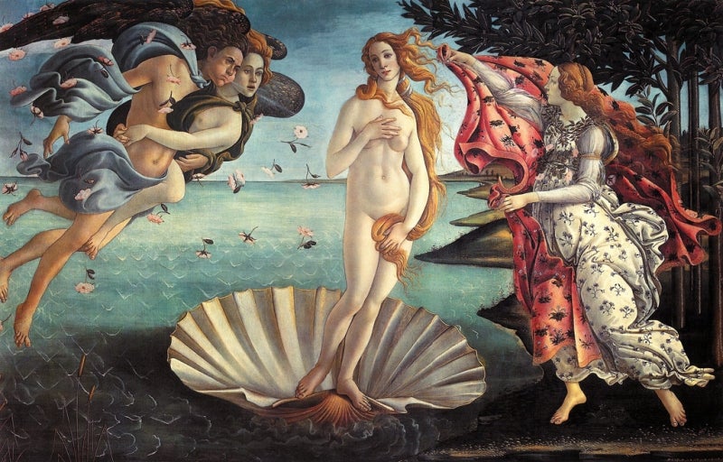  The artwork "Birth of Venus" by Botticelli shows Venus, newly born from the sea, with long, windblown hair. 