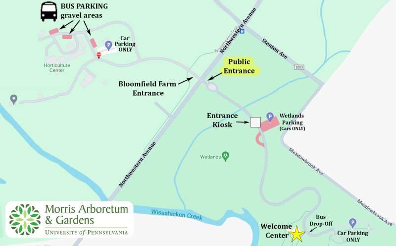 A map of the Morris Arboretum & Garden entrance.