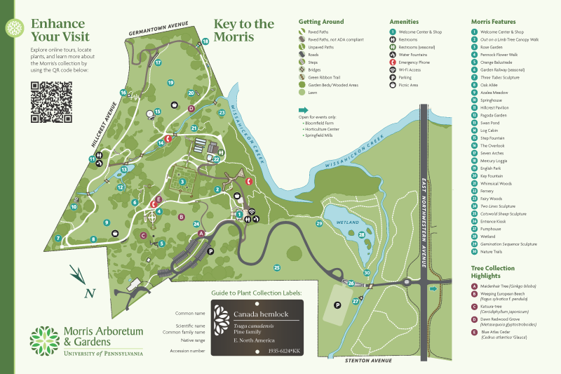 A map of the Morris Arboretum & Gardens. 