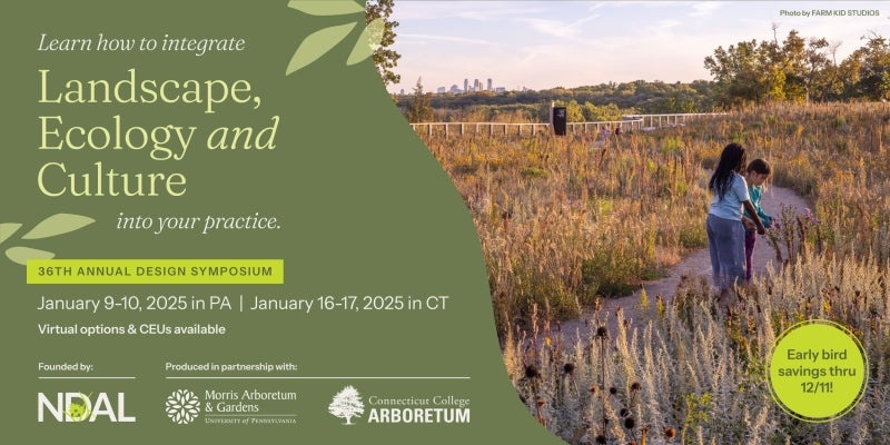 A graphic for a symposium titled, "Landscape, Ecology, and Culture" with a photo of two young girls in a meadow touching and looking at plants.