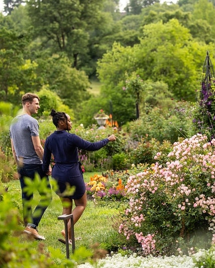 A man and woman hold hands in a blooming rose garden, while with her other hand the woman points at a rose bush,